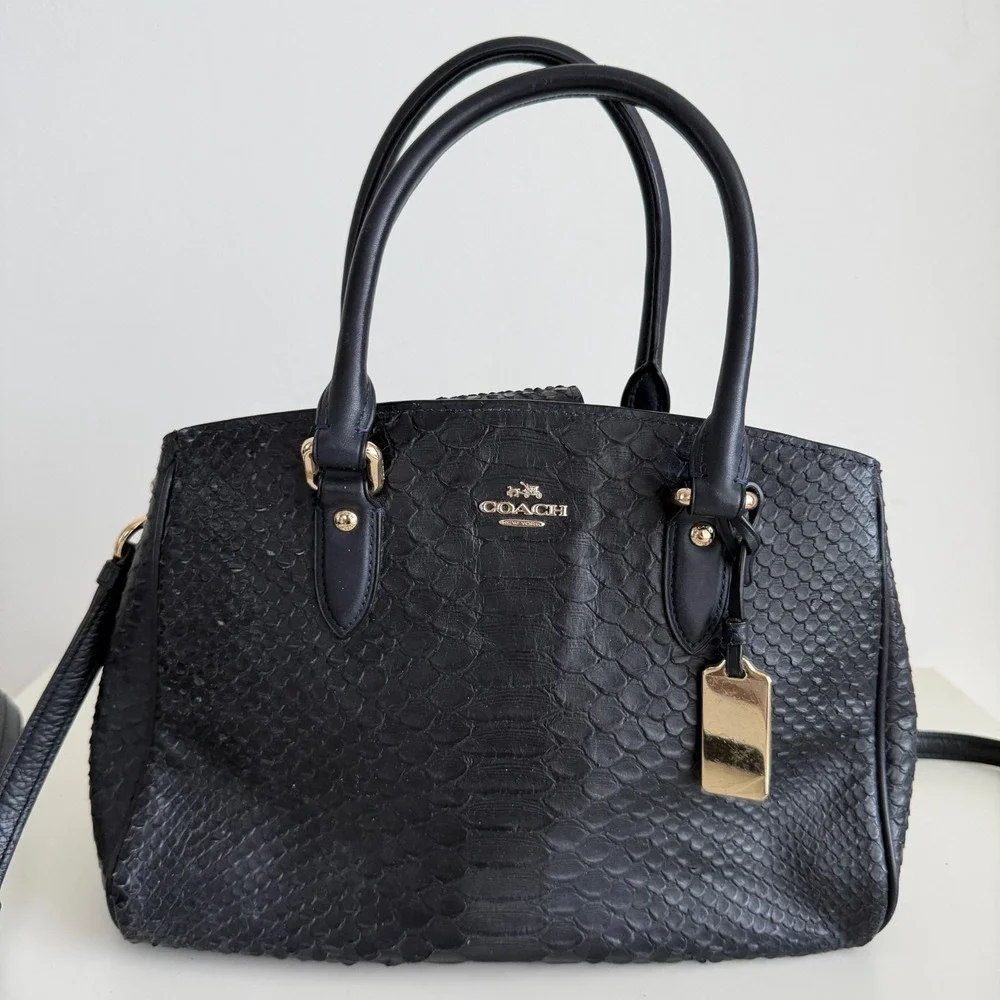 Coach Black Snakeskin Handbag Embossed Leather Exotic Satchel Crossbody